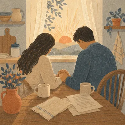 Couple Praying Together at Sunrise Table