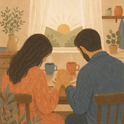 Couple Praying Together at Sunrise Table