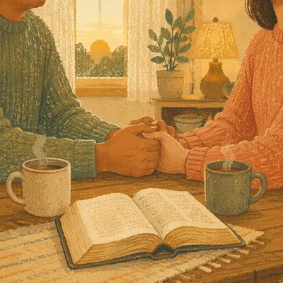 Couple Praying Together at Dawn Kitchen Table