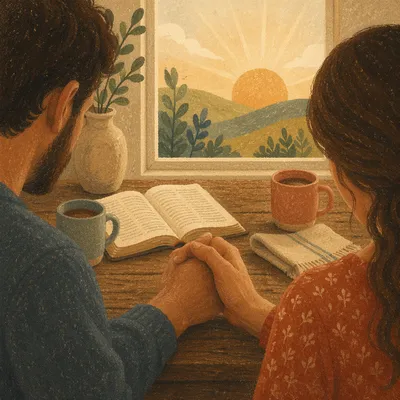Couple Holding Hands in Morning Prayer
