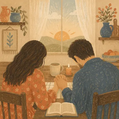 Couple Praying at Morning Kitchen Table