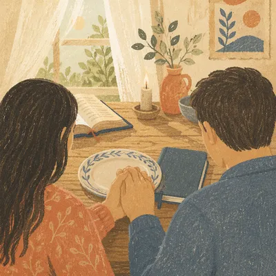 Couple Praying Together at Kitchen Table
