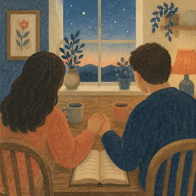 Couple Praying Together at Dawn Kitchen Table