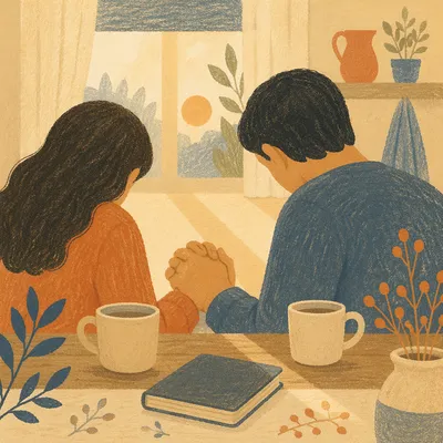 Couple Praying Together at Kitchen Table