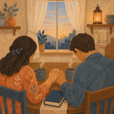 Couple Praying Hand in Hand at Dawn