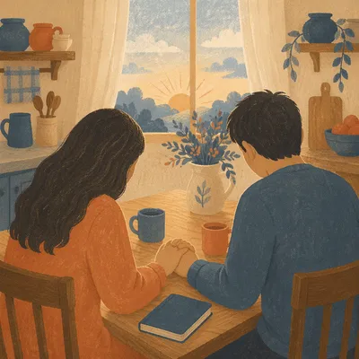 Couple Praying Together at Dawn Table