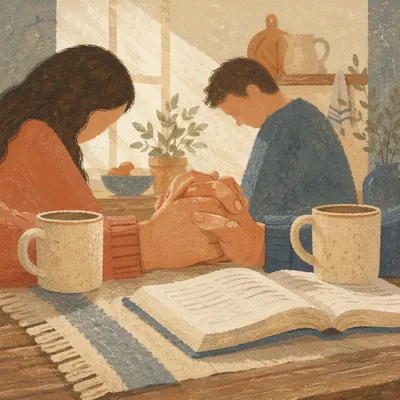 Couple Praying Together at Morning Kitchen Table
