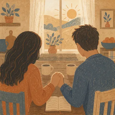 Couple Praying at Sunrise Kitchen Table