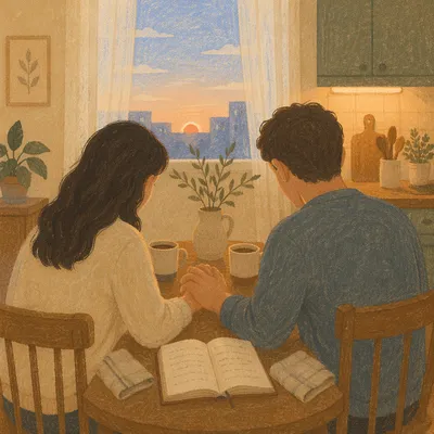 Couple Praying Together at Dawn Kitchen Table