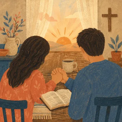 Couple Praying at Sunrise Kitchen Table