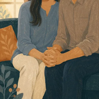 Couple Praying Together on Teal Sofa