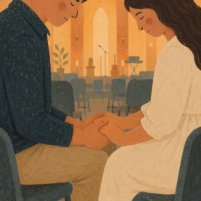 Couple Praying Hand in Hand at Church