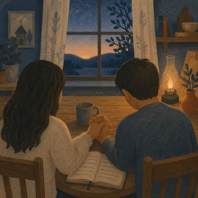 Couple Praying Together at Dawn Kitchen Table
