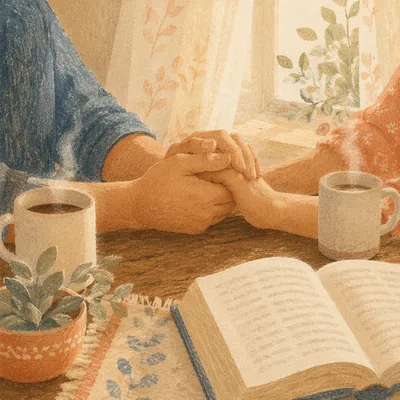Couple Praying Hands at Morning Kitchen Table