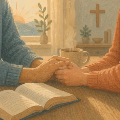 Couple Praying Together at Sunrise Table