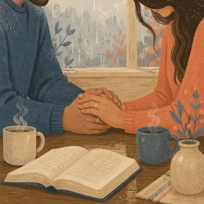 Couple Praying at Rainy Kitchen Table