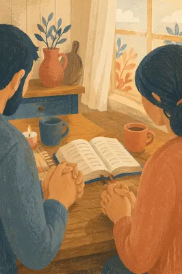 Couple Praying Over Open Bible at Table