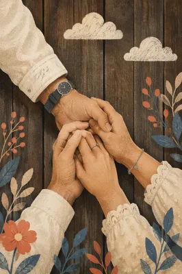 Couple Holding Hands in Prayer on Rustic Wood