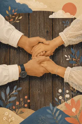 Couple Praying Hand in Hand on Wood