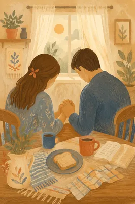 Couple Praying Together at Breakfast Table