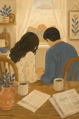 Couple Praying Together at Sunrise Table
