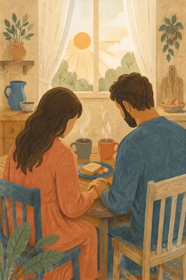 Couple Praying Together at Sunrise Table