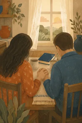 Couple Praying Together at Dawn Kitchen Table