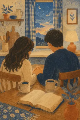 Couple Praying at Dawn Kitchen Table