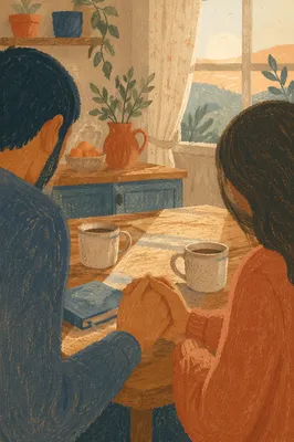 Couple Praying Hand in Hand at Morning Table