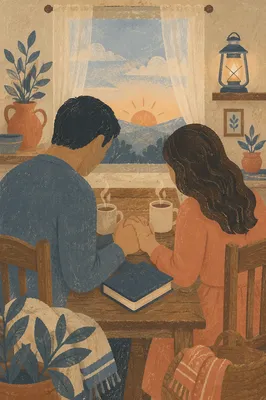 Couple Praying at Dawn Kitchen Table