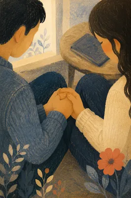 Couple Praying Hand in Hand at Home