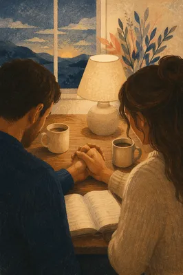 Couple Praying Together at Dawn Kitchen Table