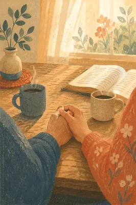 Couple Praying Hands at Morning Kitchen Table