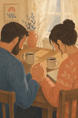 Couple Praying Together at Morning Kitchen Table