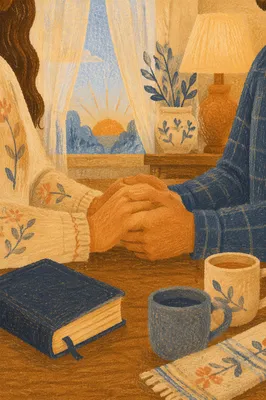 Couple Praying Together at Dawn Kitchen Table