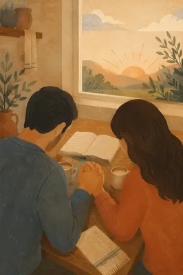 Couple Praying Together at Sunrise Table