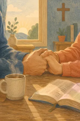 Couple Praying Together at Morning Kitchen Table