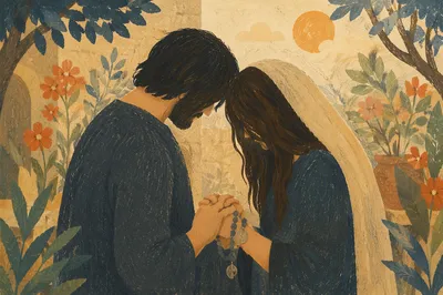 Couple Praying Hand in Hand in Garden