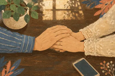 Couple Praying Together at Wooden Table