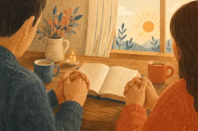 Couple Praying Hand in Hand at Kitchen Table