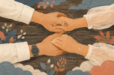 Couple Praying Hand in Hand Over Wood