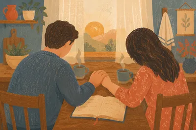 Couple Praying Together at Sunrise Table
