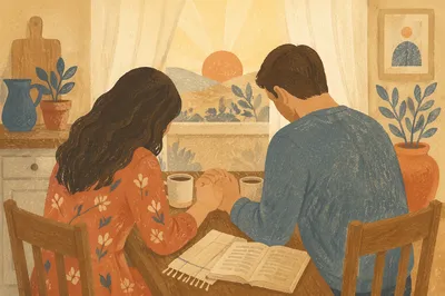 Couple Praying Together at Sunrise Table
