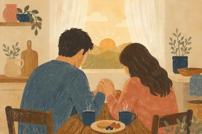 Couple Praying Together at Sunrise Table