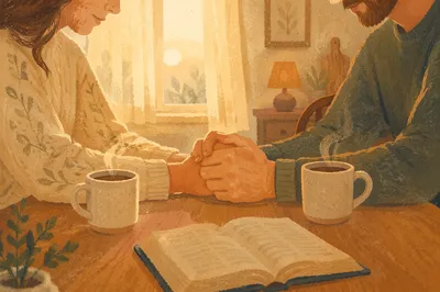 Couple Praying Together at Dawn Kitchen Table
