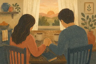 Couple Praying Hand in Hand at Dawn