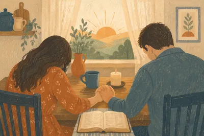Couple Praying Together at Sunrise Table