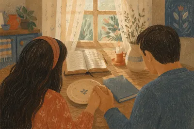 Couple Praying Together at Morning Table