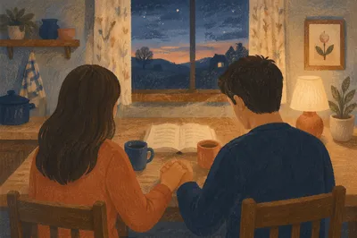 Couple Praying Together at Dawn Kitchen Table