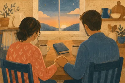 Couple Praying at Dawn Kitchen Table